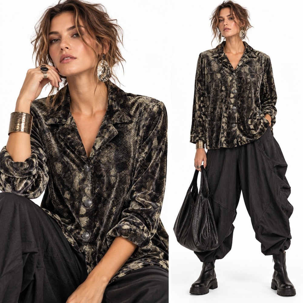Vintage Leslie Fay Womens M Velvet Snakeskin Jacket Metallic Y2K Animal Print